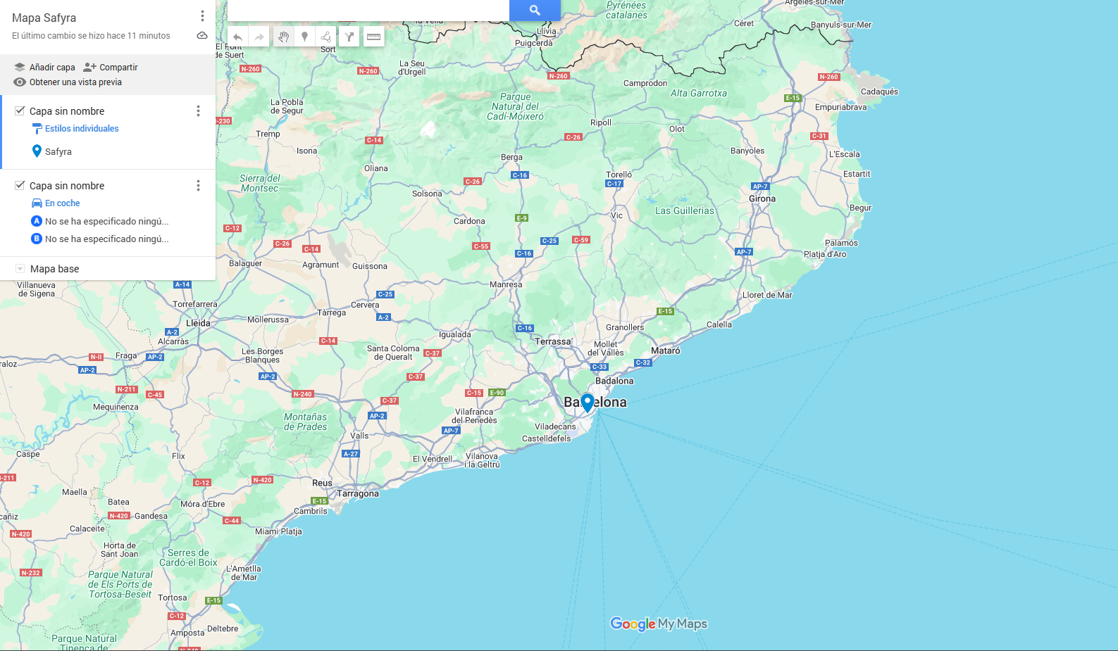 Mapa amb el marcador de Safyra a la Marina del Prat Vermell, Barcelona.
